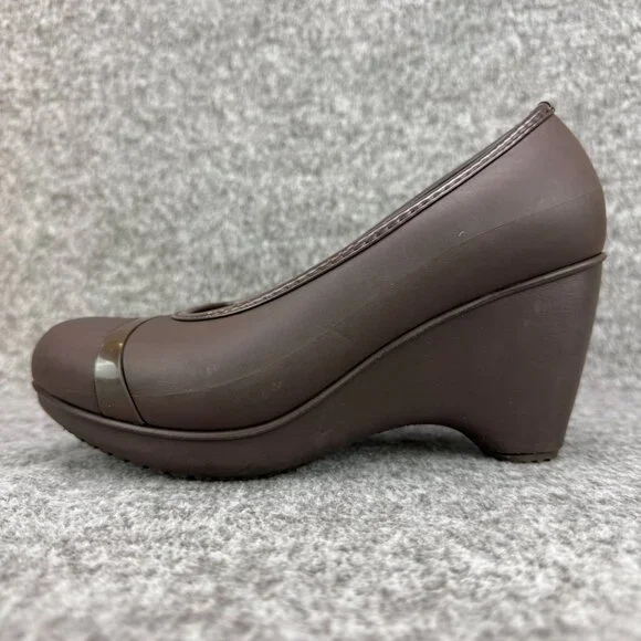 ✅Womens 7W Crocs Lena Cap Toe Wedge Brown Slip-On Heel Pumps Casual Comfort Shoe - Picture 5 of 11